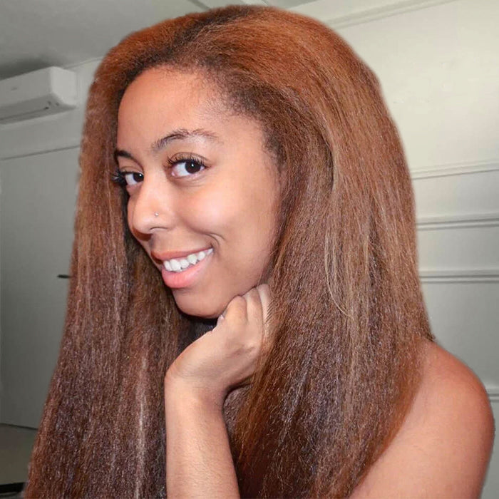 Glueless 4C Kinky Edges Hairline Kinky Straight Human Hair #30 Chestnut Brown Color 13x4/13x6 HD Transparent Lace Front Wigs