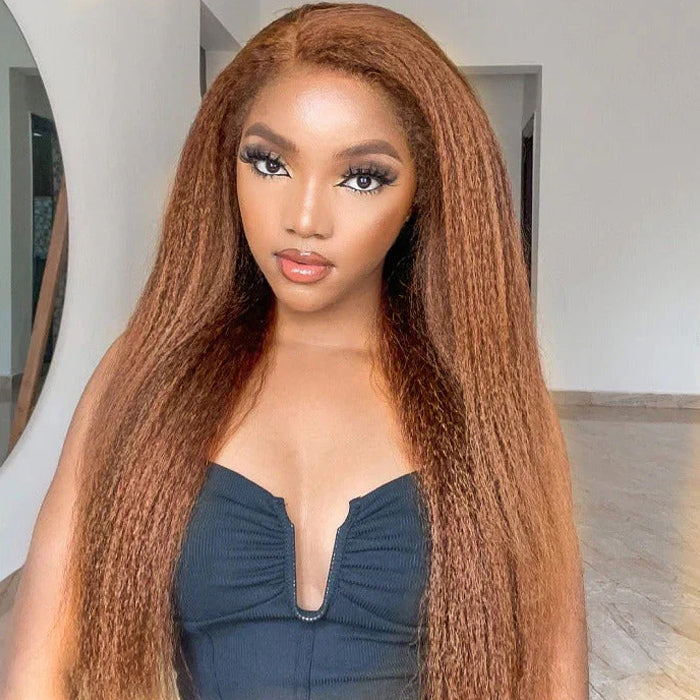 Glueless 4C Kinky Edges Hairline Kinky Straight Human Hair #30 Chestnut Brown Color 13x4/13x6 HD Transparent Lace Front Wigs