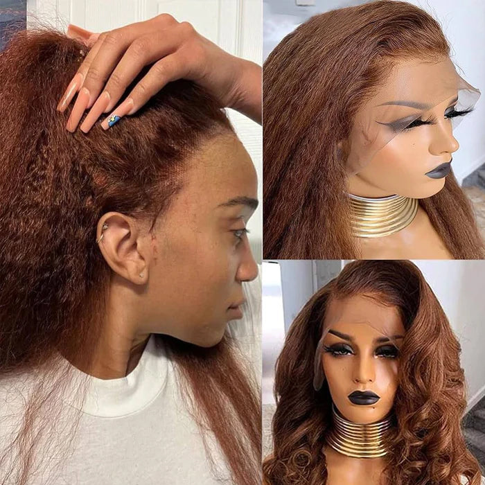 Glueless 4C Kinky Edges Hairline Kinky Straight Human Hair #30 Chestnut Brown Color 13x4/13x6 HD Transparent Lace Front Wigs