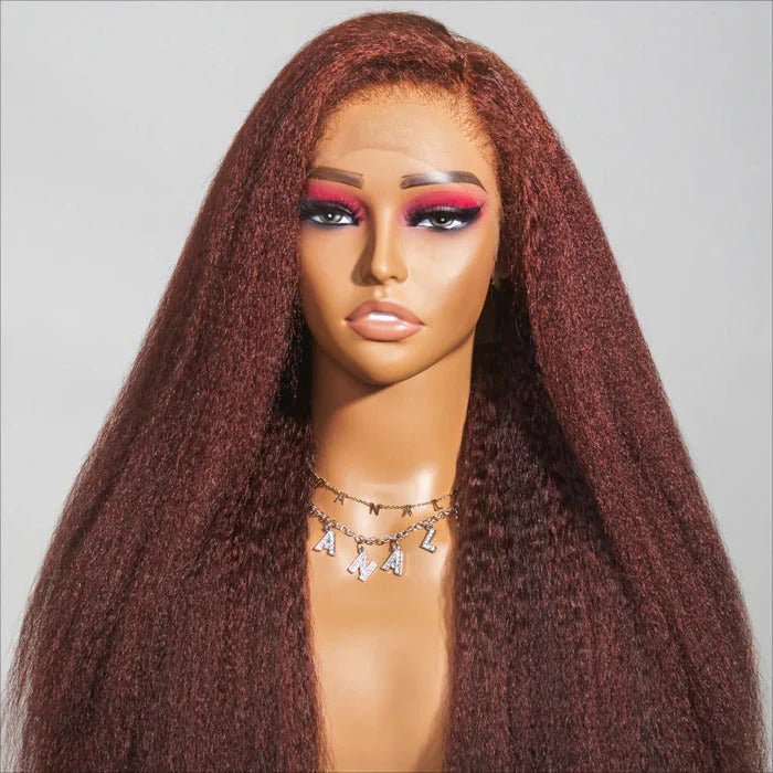Glueless 4C Kinky Edges Wig #33 Reddish Brown Kinky Straight Human Hair Wigs For Black Women