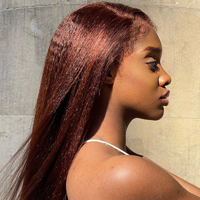 Glueless 4C Kinky Edges Wig #33 Reddish Brown Kinky Straight Human Hair Wigs For Black Women