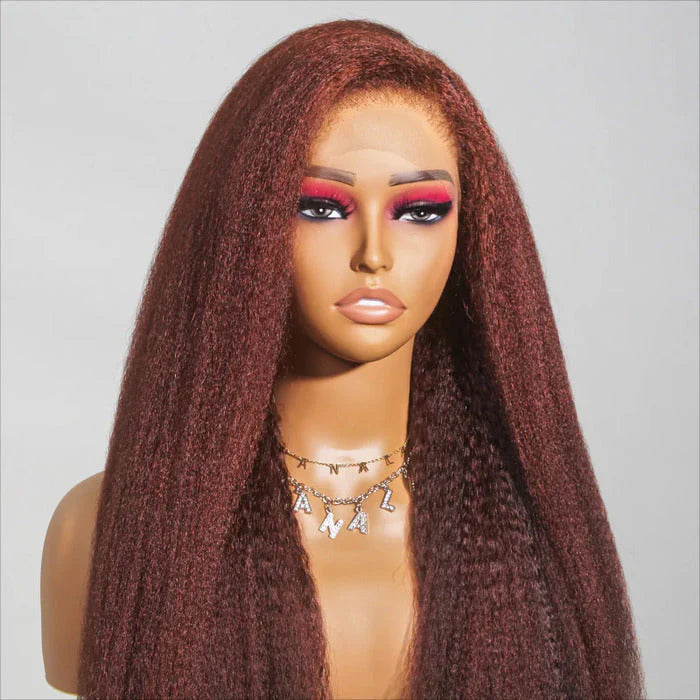 Glueless 4C Kinky Edges Wig #33 Reddish Brown Kinky Straight Human Hair Wigs For Black Women