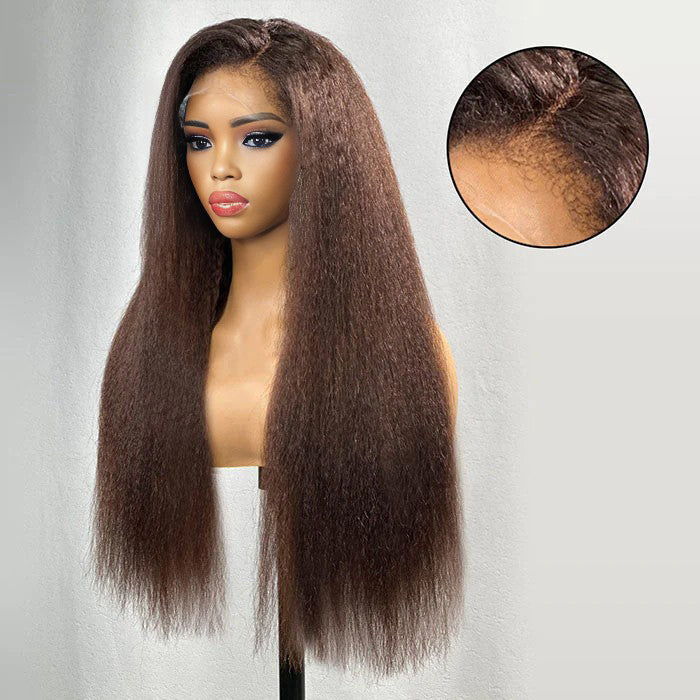#4 Chocolate Brown 4C Edges Hairline Kinky Straight Wig Glueless Human Hair Wigs Super Realistic Natural