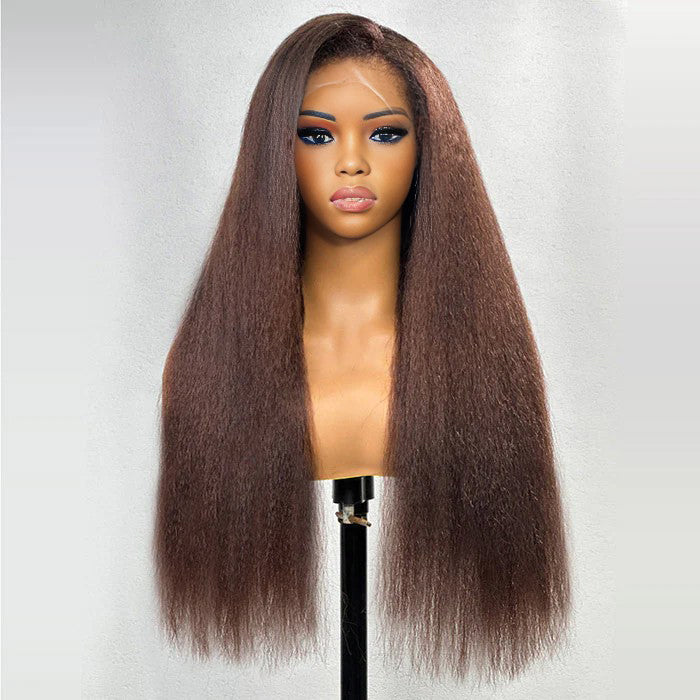 #4 Chocolate Brown 4C Edges Hairline Kinky Straight Wig Glueless Human Hair Wigs Super Realistic Natural