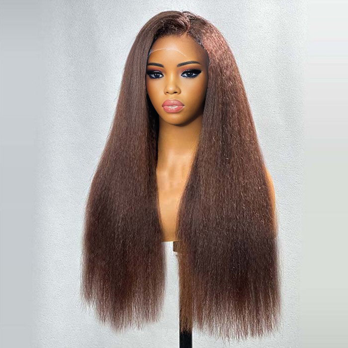 #4 Chocolate Brown 4C Edges Hairline Kinky Straight Wig Glueless Human Hair Wigs Super Realistic Natural