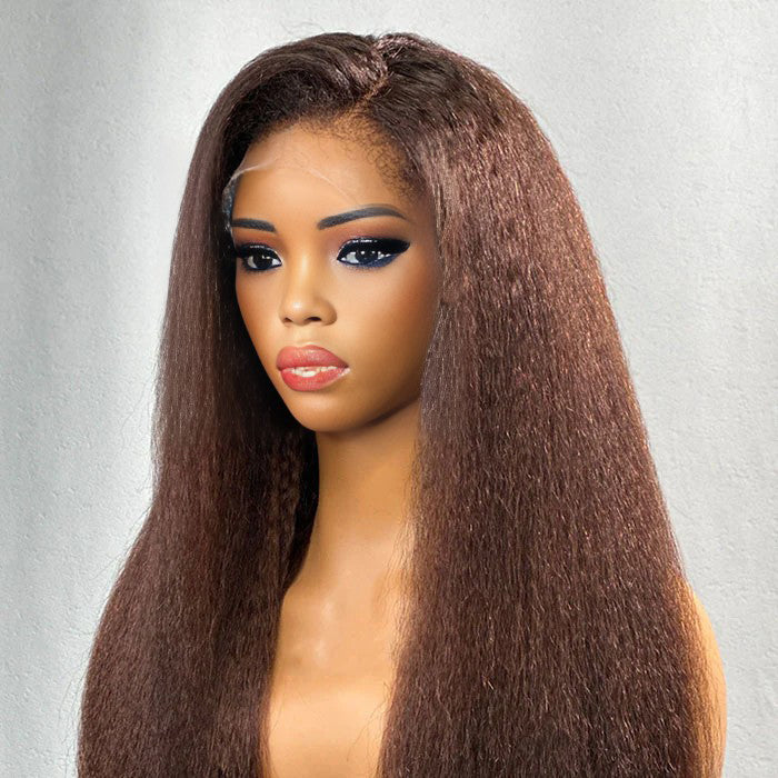#4 Chocolate Brown 4C Edges Hairline Kinky Straight Wig Glueless Human Hair Wigs Super Realistic Natural