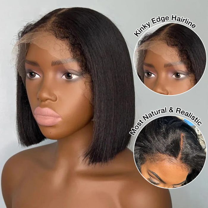 Glueless Kinky Edges Hairline Short Bob Wig Silky Straight 8×5 Pre-bleached Knots Natural Scalp 220% Density