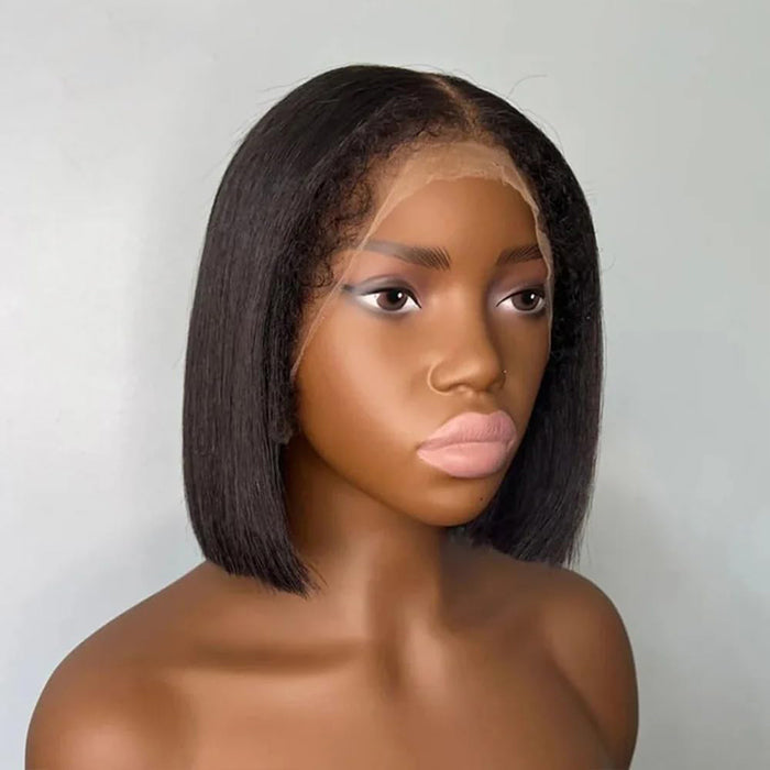 Glueless Kinky Edges Hairline Short Bob Wig Silky Straight 8×5 Pre-bleached Knots Natural Scalp 220% Density