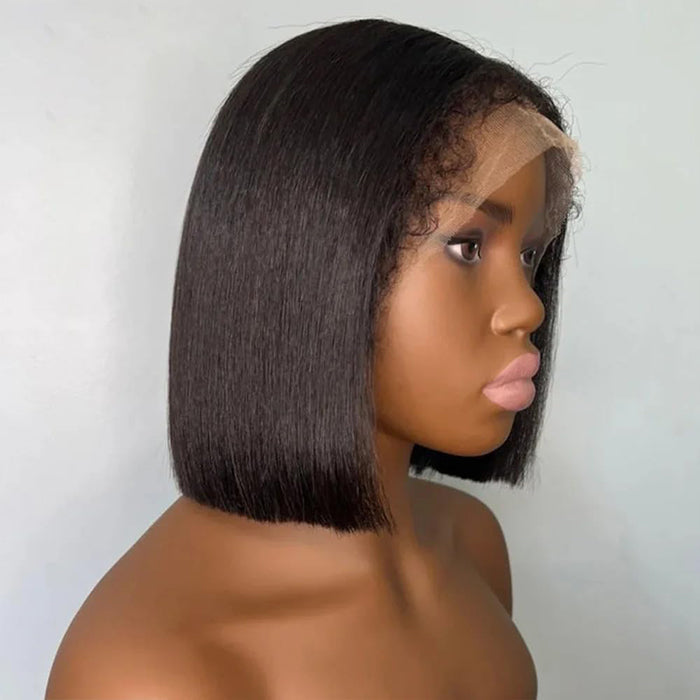 Glueless Kinky Edges Hairline Short Bob Wig Silky Straight 8×5 Pre-bleached Knots Natural Scalp 220% Density