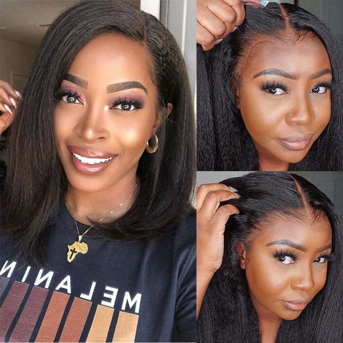 Kinky Straight Human Hair Glueless Lace Human Hair Wigs Pre Cut Bob Lace Wigs