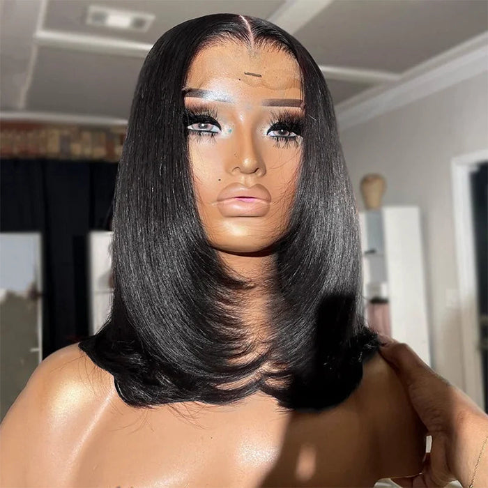 Glueless Layered Cut Straight Bob Lace Front Human Hair Wigs Ombre Highlight Colored Lace Frontal Wig