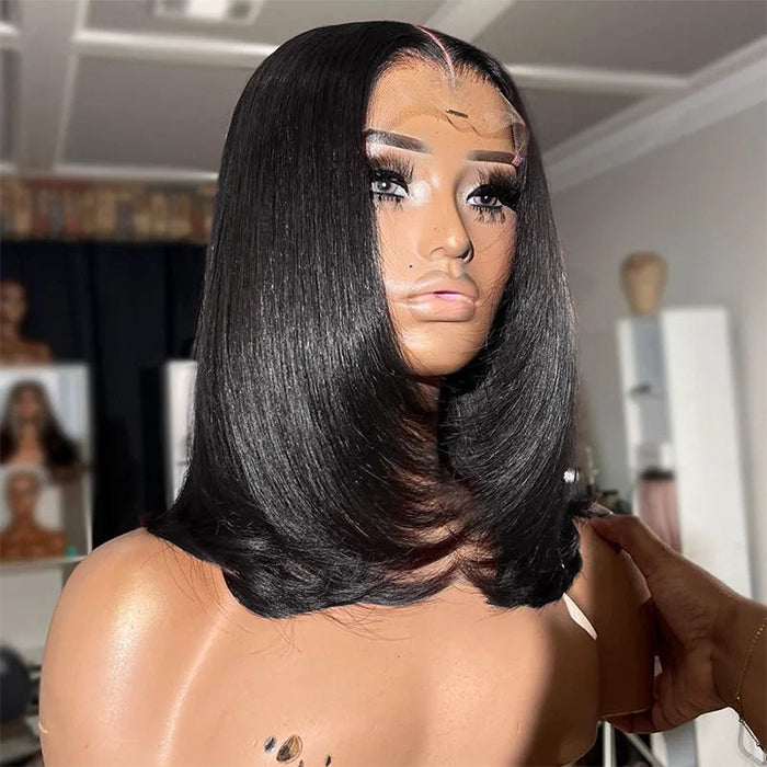 Glueless Layered Cut Straight Bob Lace Front Human Hair Wigs Ombre Highlight Colored Lace Frontal Wig