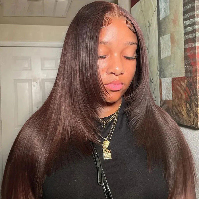#4 Chocolate Brown Layered Cut Straight 13x4 HD Lace Front Wig Glueless Human Hair Wigs