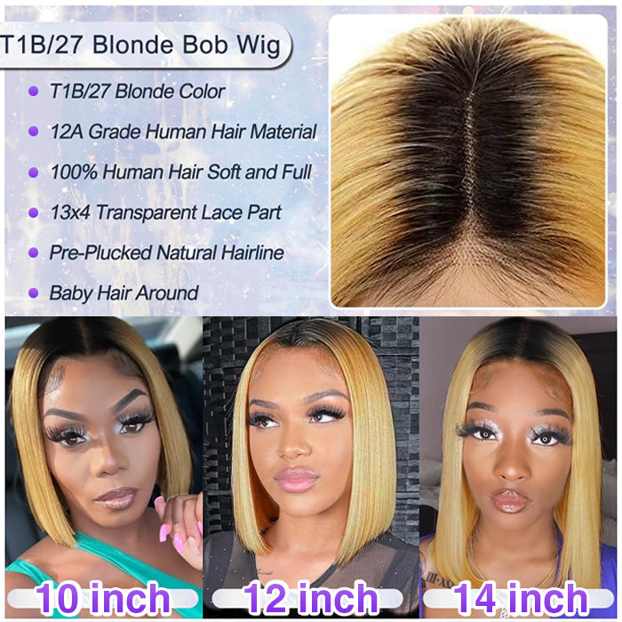 Ombre Honey Blonde Straight Hair Glueless 13x4 Lace Front Bob Wigs