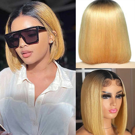 Ombre Honey Blonde Straight Hair Glueless 13x4 Lace Front Bob Wigs