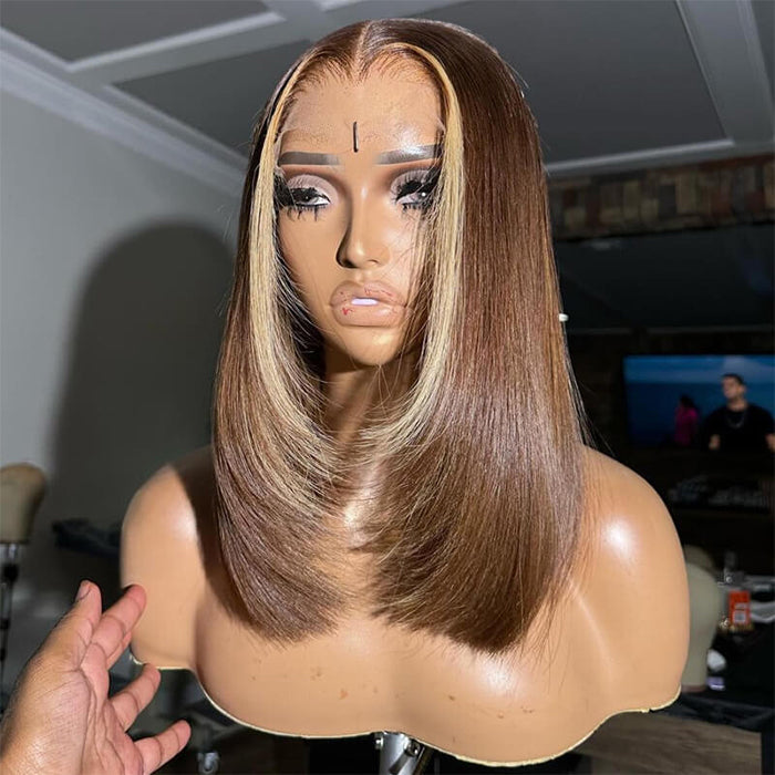 Glueless Layered Cut Straight Bob Lace Front Human Hair Wigs Ombre Highlight Colored Lace Frontal Wig