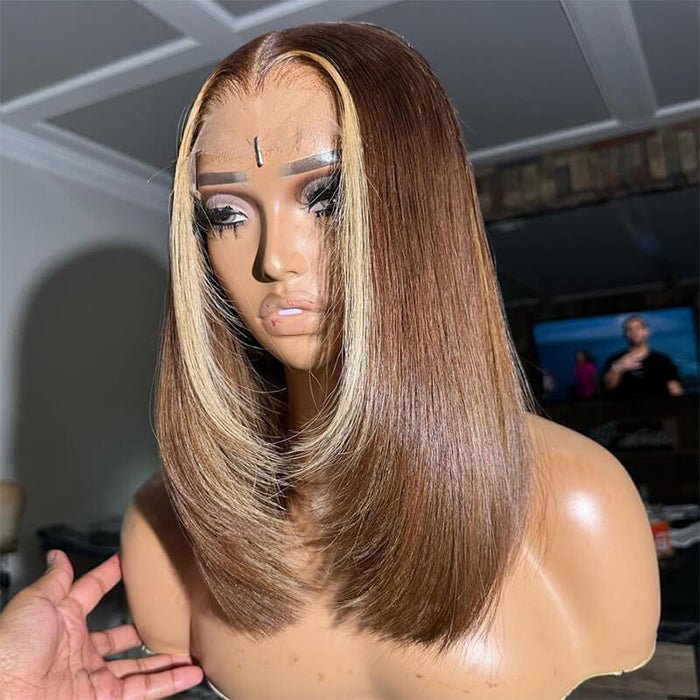 Glueless Layered Cut Straight Bob Lace Front Human Hair Wigs Ombre Highlight Colored Lace Frontal Wig