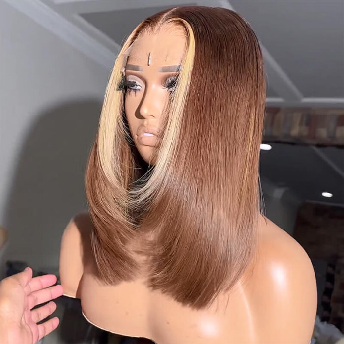Glueless Layered Cut Straight Bob Lace Front Human Hair Wigs Ombre Highlight Colored Lace Frontal Wig