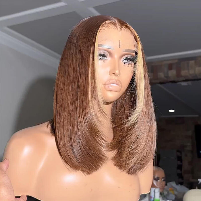 Glueless Layered Cut Straight Bob Lace Front Human Hair Wigs Ombre Highlight Colored Lace Frontal Wig