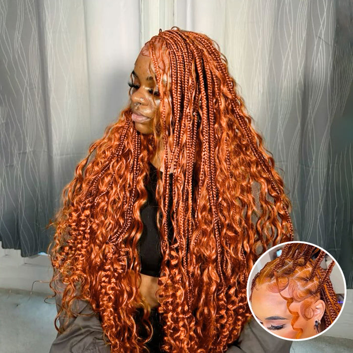 Boho Braided Wigs Orange Ginger Color 13x6 HD Lace Frontal Glueless Pull Go Drawstring Wigs For Black Women