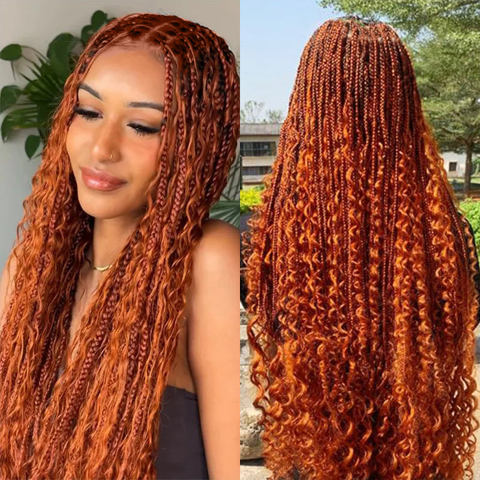 Boho Braided Wigs Orange Ginger Color 13x6 HD Lace Frontal Glueless Pull Go Drawstring Wigs For Black Women
