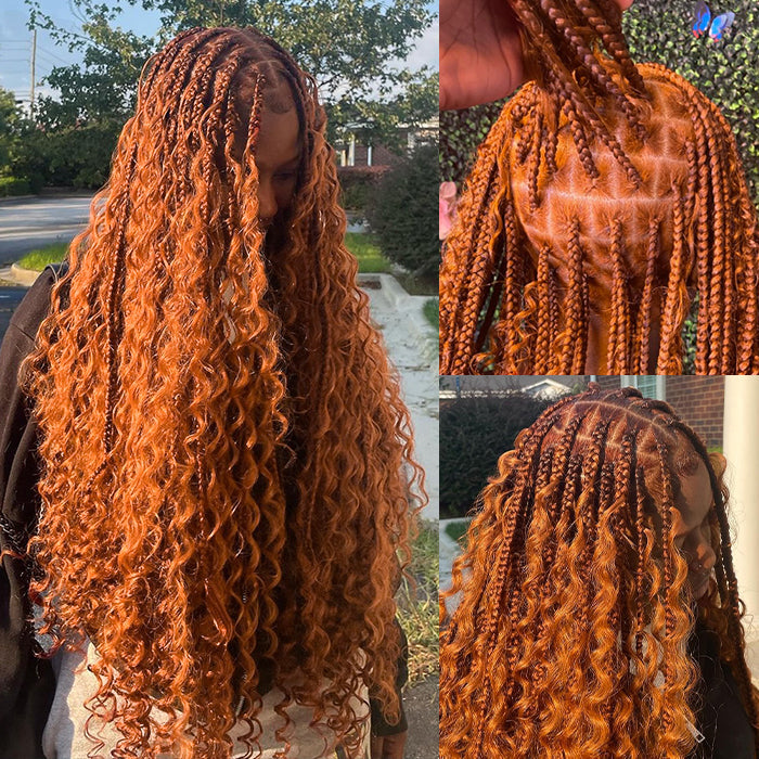 Boho Braided Wigs Orange Ginger Color 13x6 HD Lace Frontal Glueless Pull Go Drawstring Wigs For Black Women