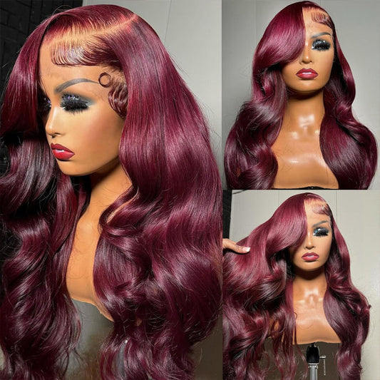 Body Wave Wig 99J Burgundy Color Glueless 8x5 HD Lace Wigs With Pre-Plucked Hairline