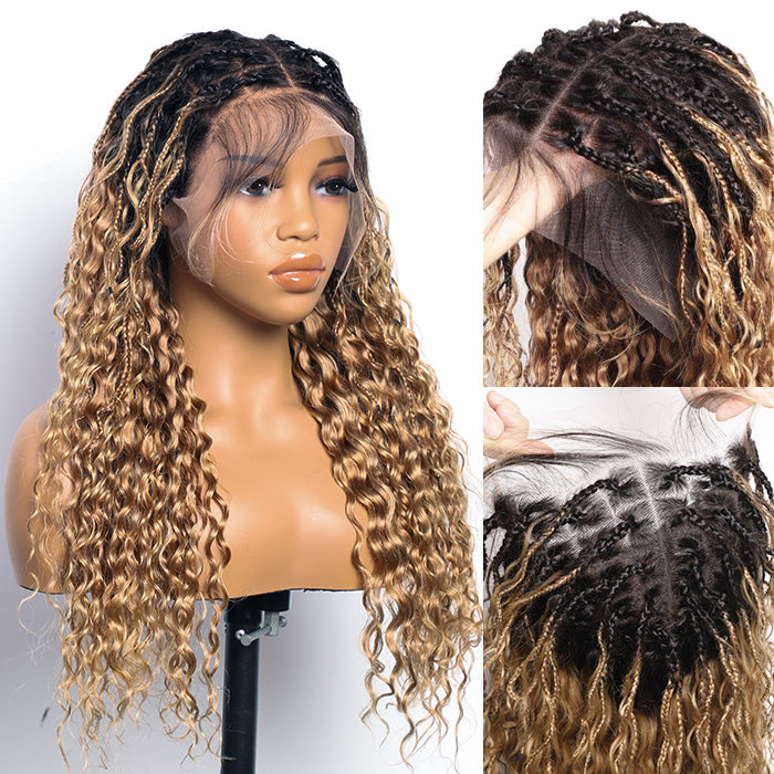 Boho Braided Wigs for Black Women Pull Go Drawstring 13x6 HD Lace Frontal Human Hair Wigs Blonde Color with Black Root