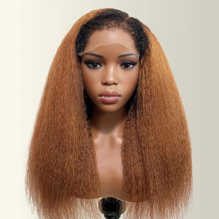 4C Kinky Edges Ombre Brown Color Kinky Straight Wigs Human Hair Pre Plucked HD Transparent 13x4 13x6 Lace Front Wigs with Drawstring Glueless Wig