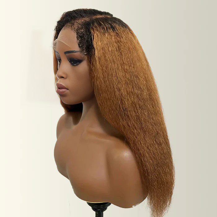 4C Kinky Edges Ombre Brown Color Kinky Straight Wigs Human Hair Pre Plucked HD Transparent 13x4 13x6 Lace Front Wigs with Drawstring Glueless Wig