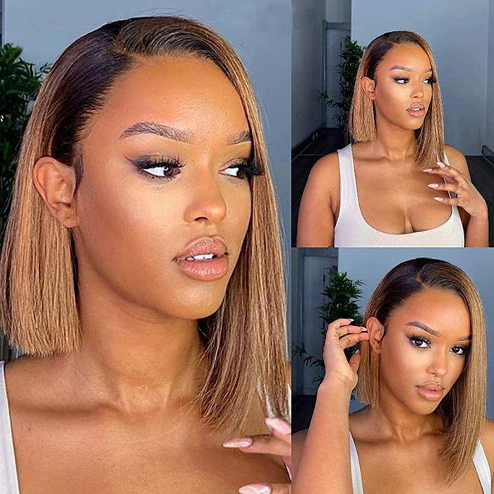 Ombre Blonde T4/27 Straight 13x4 Lace Front Wig Short bob Lace Front Human Hair Wigs
