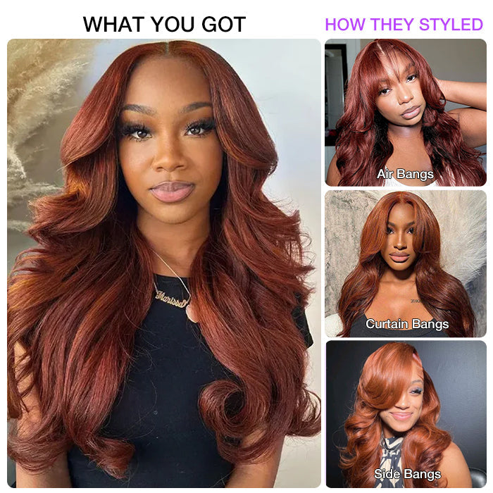#33 Reddish Brown Curtain Bangs Wigs 13x4 HD Lace Front Human Hair Wig
