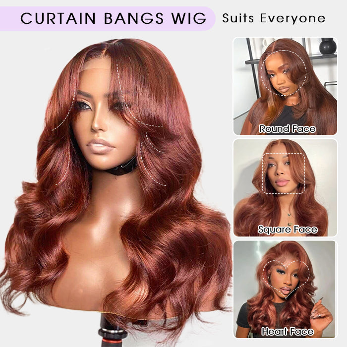 #33 Reddish Brown Curtain Bangs Wigs 13x4 HD Lace Front Human Hair Wig
