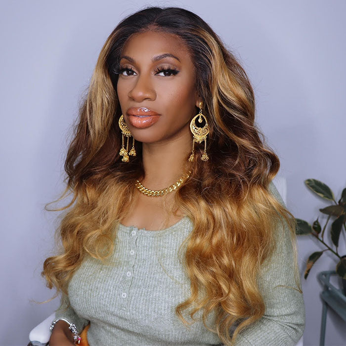 220% Density Ombre Blonde Highlight Loose Body Wave Wig Glueless Frontal 13x4 HD Lace Wigs Pre-plucked Hairline Human Hair Wig for Women