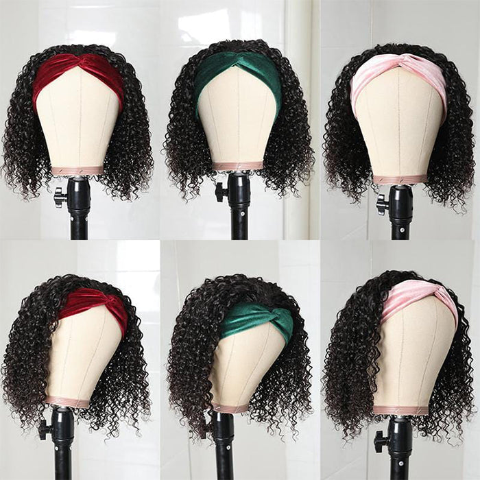 Curly Hair Headband Bob Wig Human Hair Half Wig 220% Density Glueless Human Hair Headband Wig