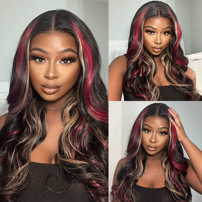 Multi Color Red And Blonde Highlights 13x4 Lace Front Body Wave Wig