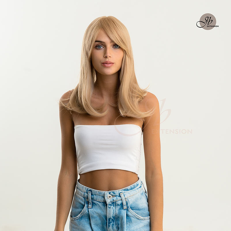 JBEXTENSION 16 Inches Scalpiana Blonde With Platinum Highlight 3.5X4 Hard Silky Top Natural Scalp Effect Wig With Bangs NORA SILKY TOP