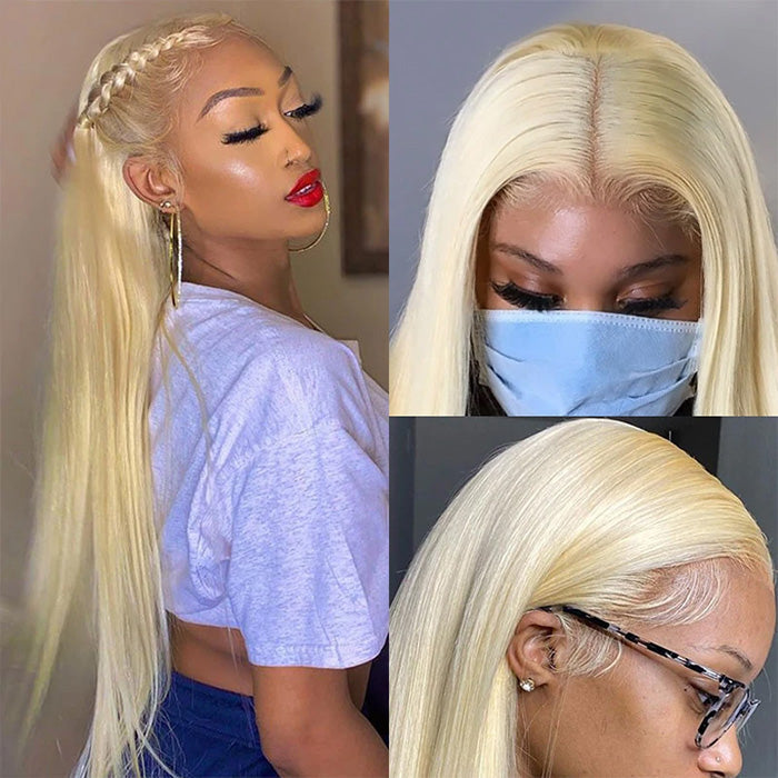 #613 Blonde Glueless Pull Go Drawstring Wigs Silky Straight 13x6 Full Lace Front Wig