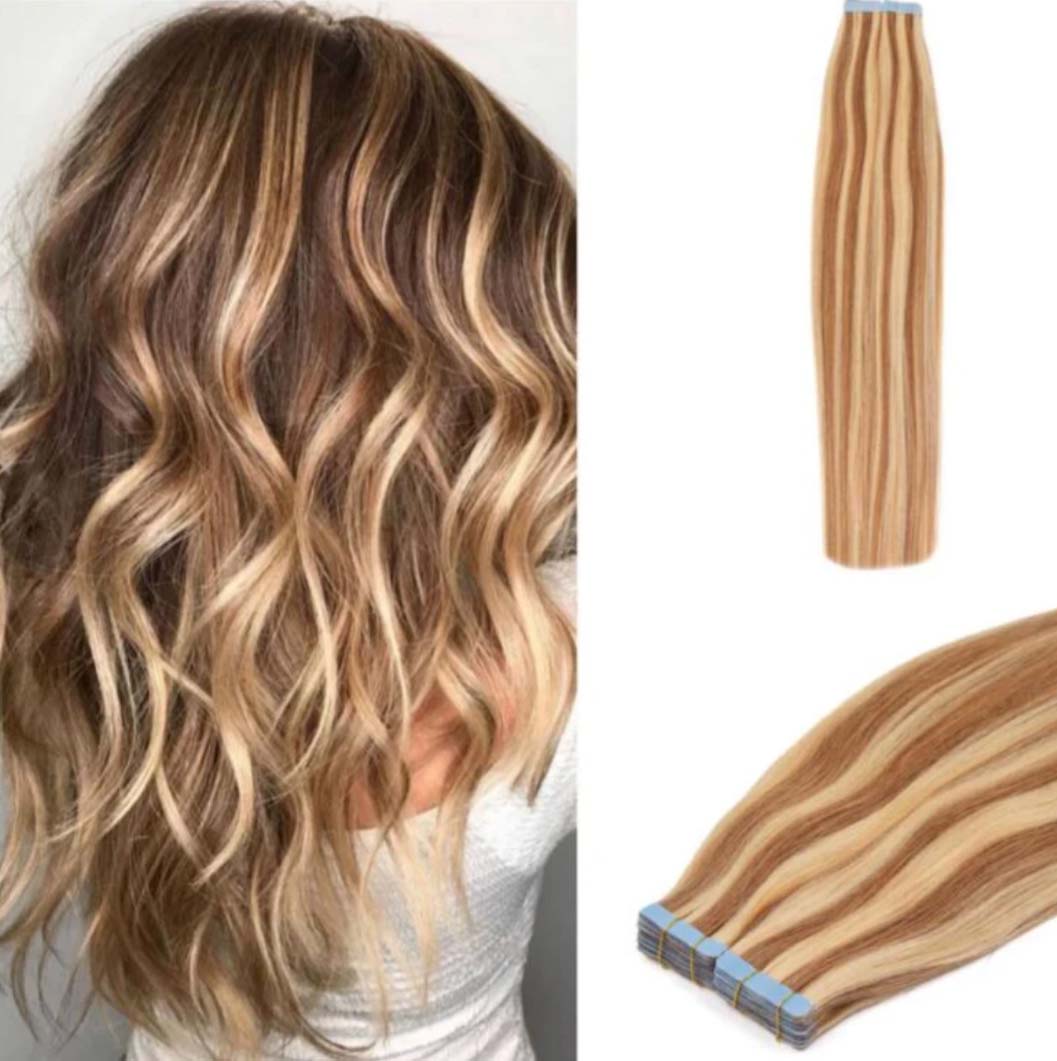JBextension Tape in Hair Extensions Human Hair Balayage Dark Brown to Brown Mix with Blonde Tape in Seamless Hair Extensions Human Hair Ombre Hair Extensions Tape in 20 Inch Tape in Human Hair 50g 20pcs
