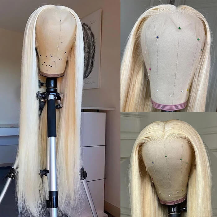 #613 Blonde Glueless Pull Go Drawstring Wigs Silky Straight 13x6 Full Lace Front Wig