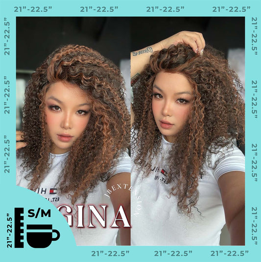 JBEXTENSION 16 Inches Deep Curly Black with Brown Highlight Pre-Cut Snowflake Lace Frontlace Glueless Wig GINA SNOWFLAKE【PERMATEASE】【BENDY EAR TABS】