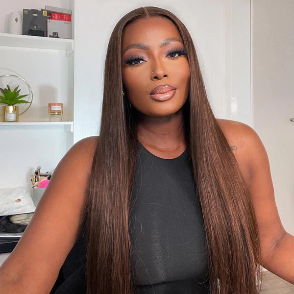 Chocolate Brown Color Put on go® Glueless Wig Pre Cut 8x5 HD Lace Human Hair Wigs For Women