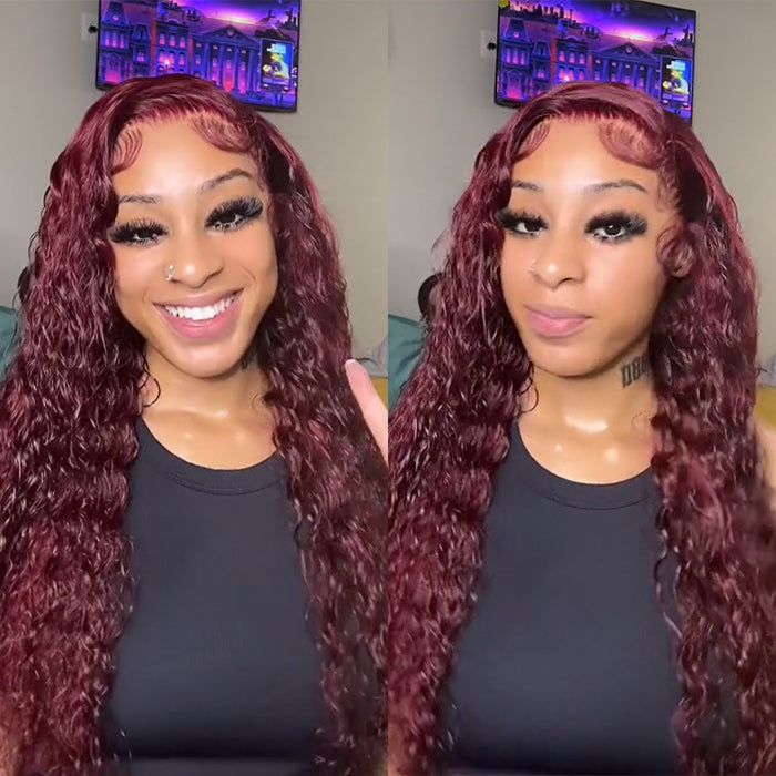 Deep Wave 13x4 HD Lace Front Wigs Burgundy 99J Color Human Hair Wigs With Pre-plucked Hairline