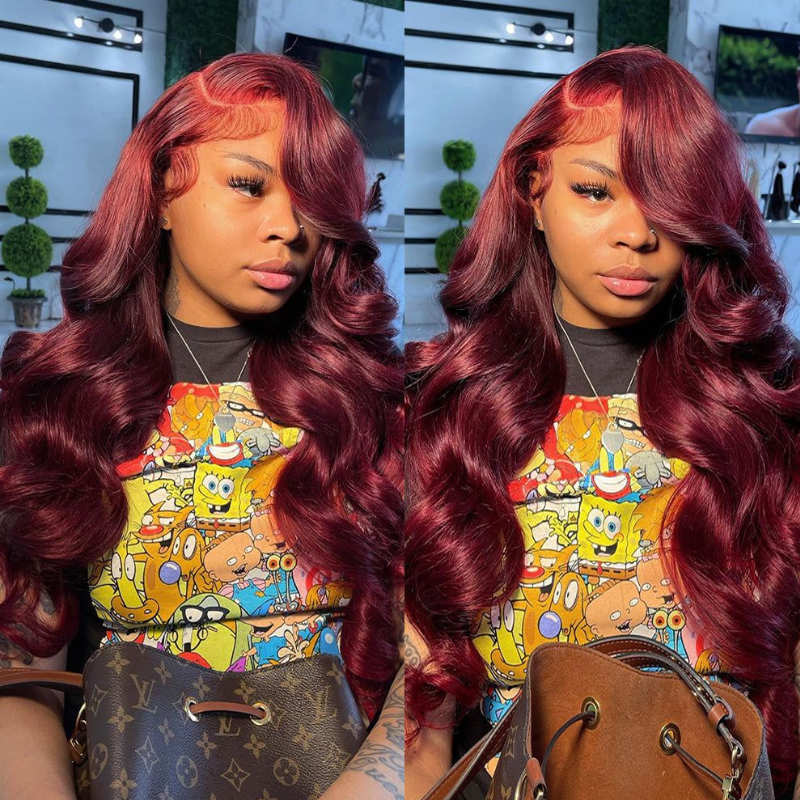 Body Wave Wig 99J Burgundy Color Glueless 8x5 HD Lace Wigs With Pre-Plucked Hairline