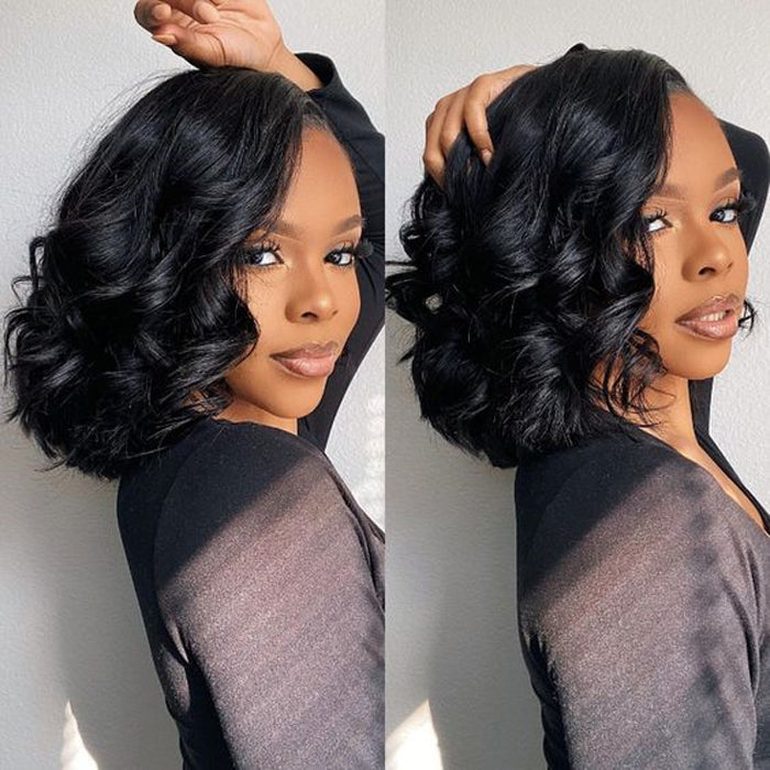 Asymmetrical Side Part Bob Wigs Body Wave Glueless HD Lace Front Wigs 220% Density