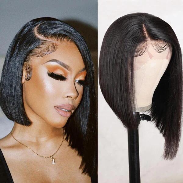 Asymmetrical Blunt Cut Bob Side Part Straight Glueless HD Lace Front Wigs 220% Density