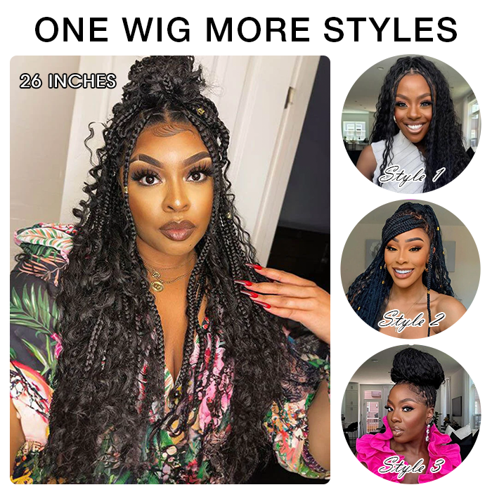 Full Lace Knotless Boho Curls Braided Long Wig Pre-Braid Lightweight Super Natural Scalp