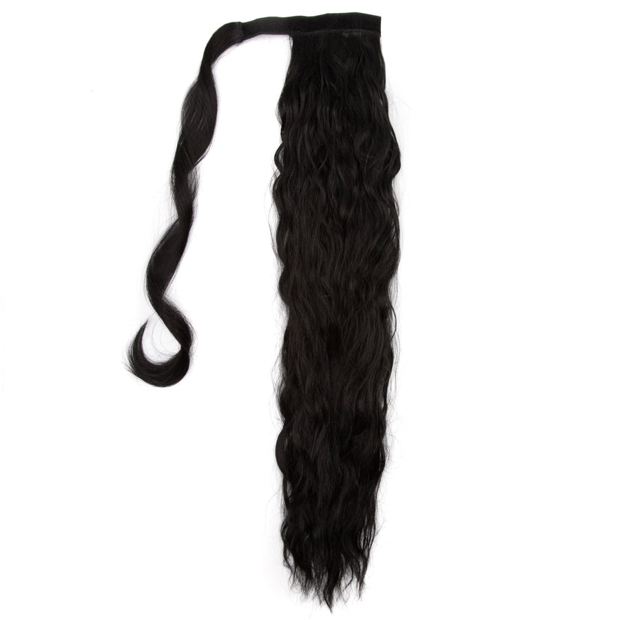 JBEXTENSION Long Corn Wave Ponytail Extension Magic Paste Heat Resistant Wavy Synthetic Wrap Around Ponytail Black Hairpiece for Women (22 Inch)