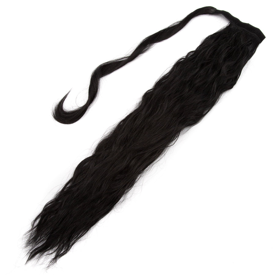 JBEXTENSION Long Corn Wave Ponytail Extension Magic Paste Heat Resistant Wavy Synthetic Wrap Around Ponytail Black Hairpiece for Women (22 Inch)