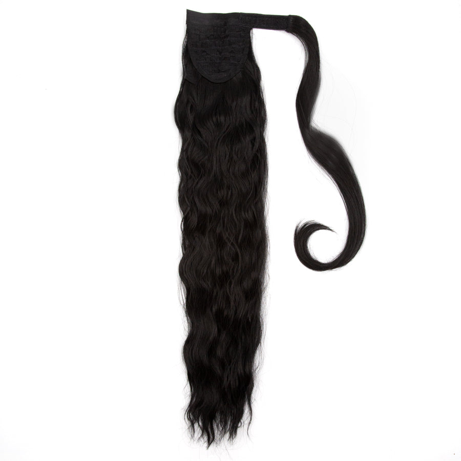 JBEXTENSION Long Corn Wave Ponytail Extension Magic Paste Heat Resistant Wavy Synthetic Wrap Around Ponytail Black Hairpiece for Women (22 Inch)